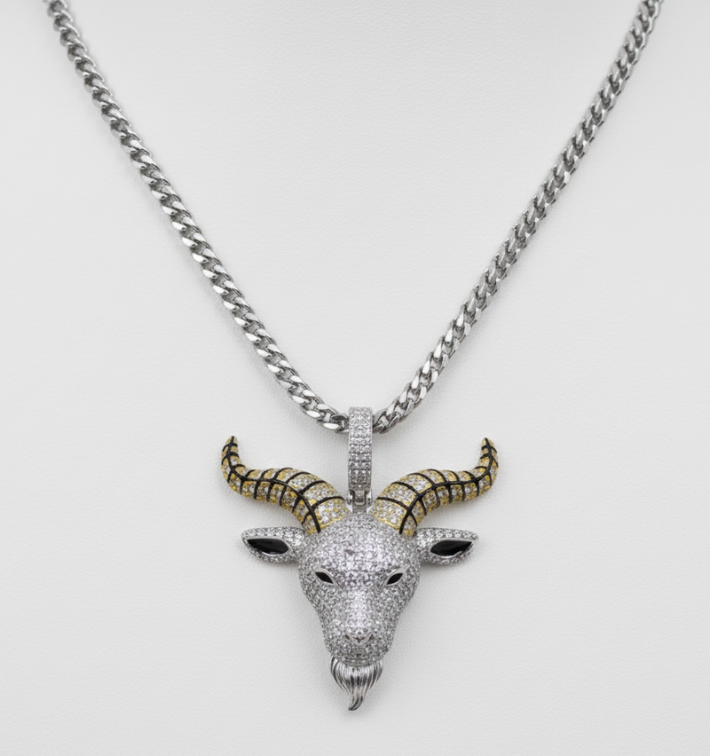 Rhodium Plated 925 Silver Goat Head Black Enamel CZ Pendant