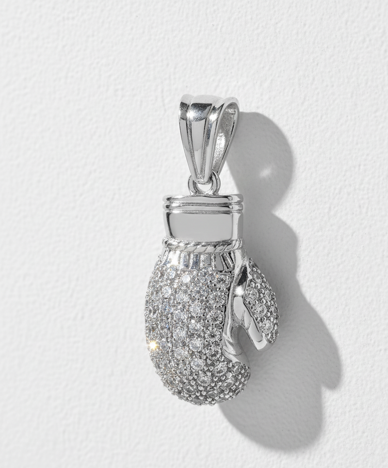 Rhodium Plated 925 Silver 3D Boxing Gloves Pendant with Clear CZ