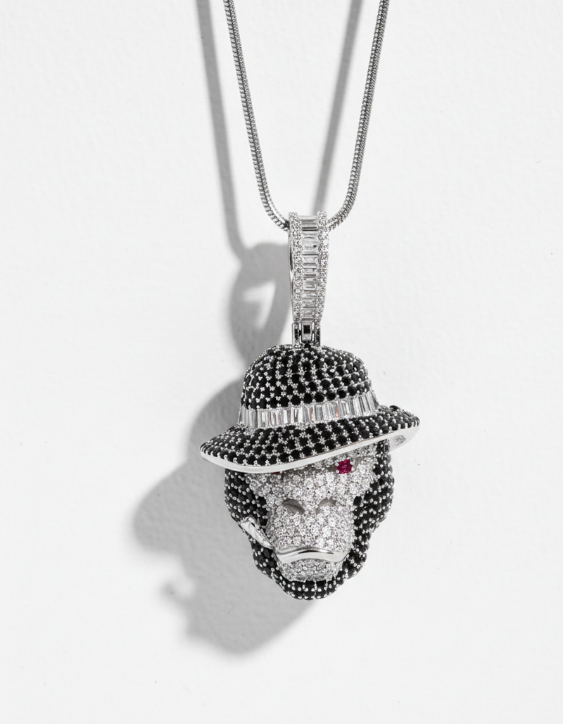 Rhodium Plated 925 Silver Smoking Ape Pendant with Red, Black & Clear CZ