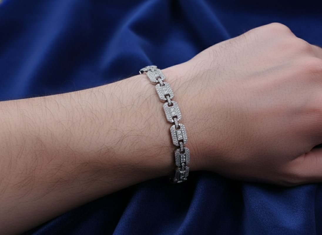 Rhodium Plated 925 Silver CZ Square Link Bracelet 8.8mm