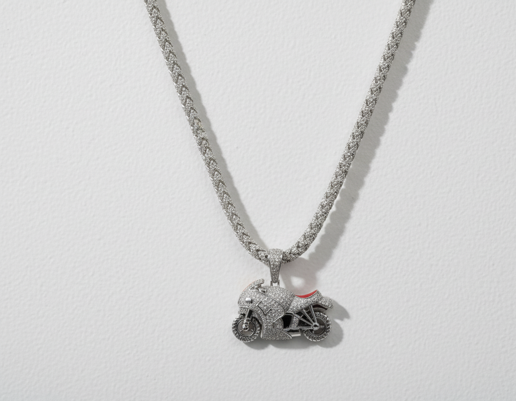 Rhodium Plated 925 Silver Motorcycle Red Enamel CZ Pendant