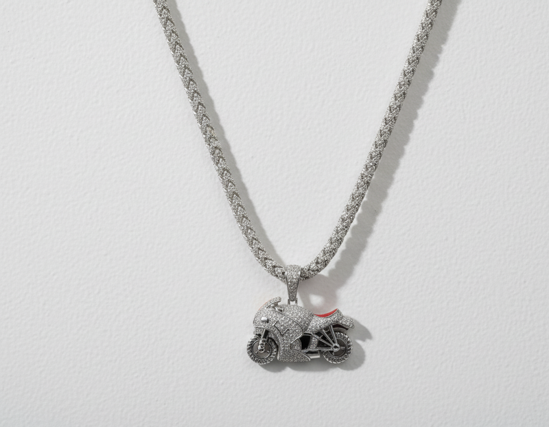 Rhodium Plated 925 Silver Motorcycle Red Enamel CZ Pendant