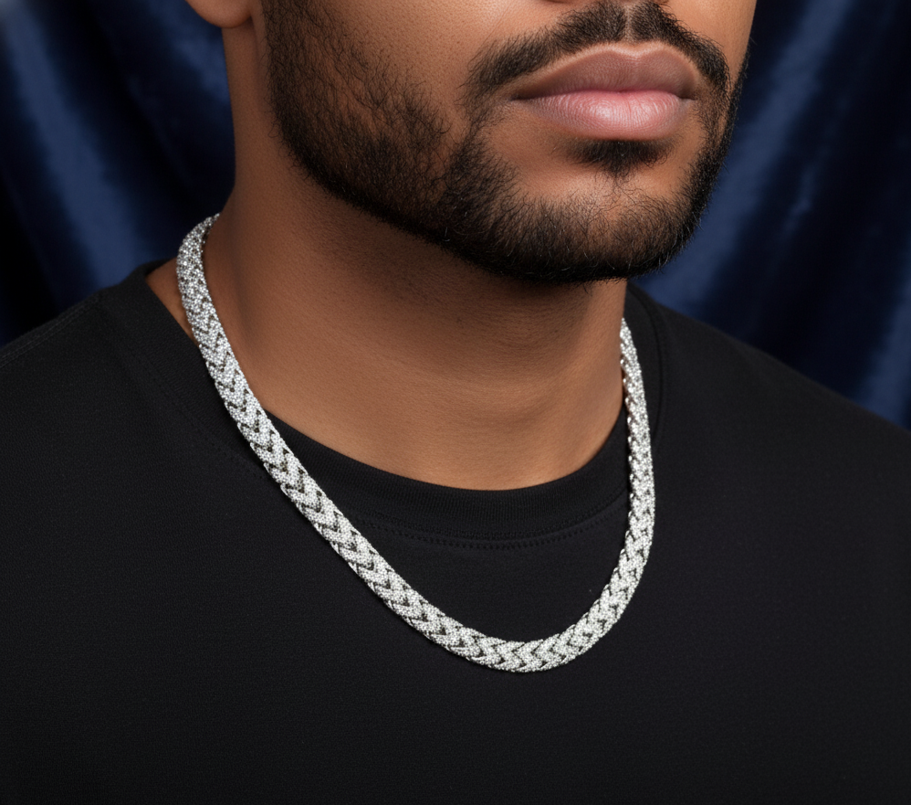 Rhodium Plated 925 Sterling Silver CZ Encrusted Franco Chain