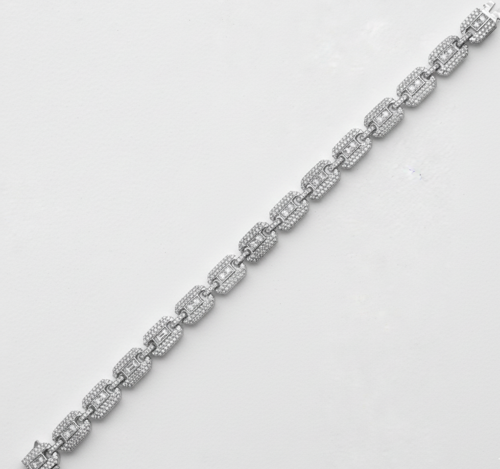 Rhodium Plated 925 Silver CZ Square Link Bracelet 8.8mm