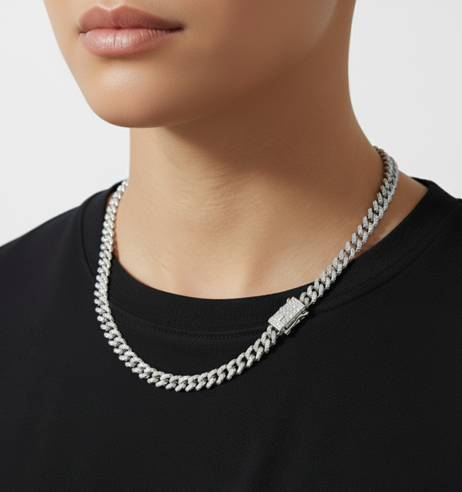 Rhodium Plated 925 Sterling Silver 5.5mm CZ Encrusted Monaco Chain