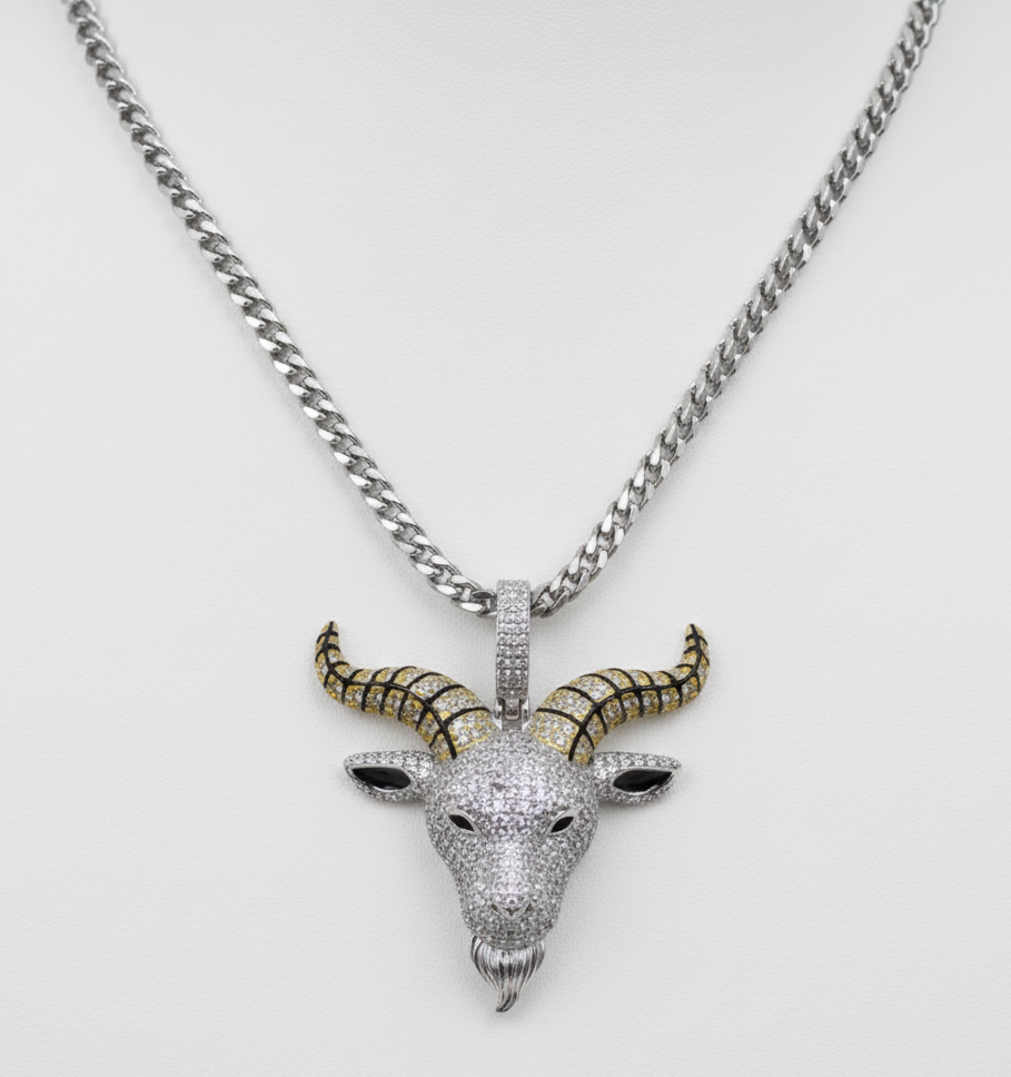 Rhodium Plated 925 Silver Goat Head Black Enamel CZ Pendant