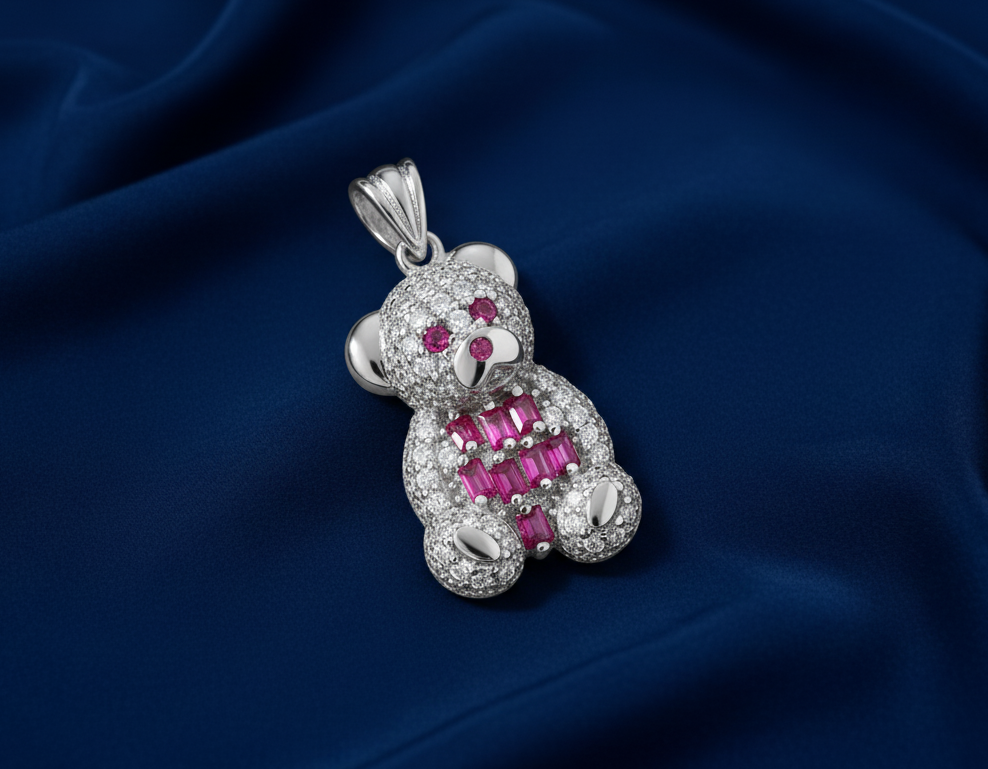 Rhodium Plated 925 Silver Teddy Bear Pendant with Red Baguette CZ