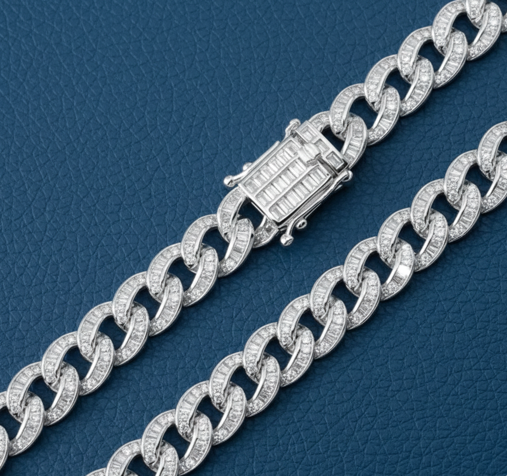 Rhodium Plated 925 Silver Baguette CZ Curb Chain 10.9mm