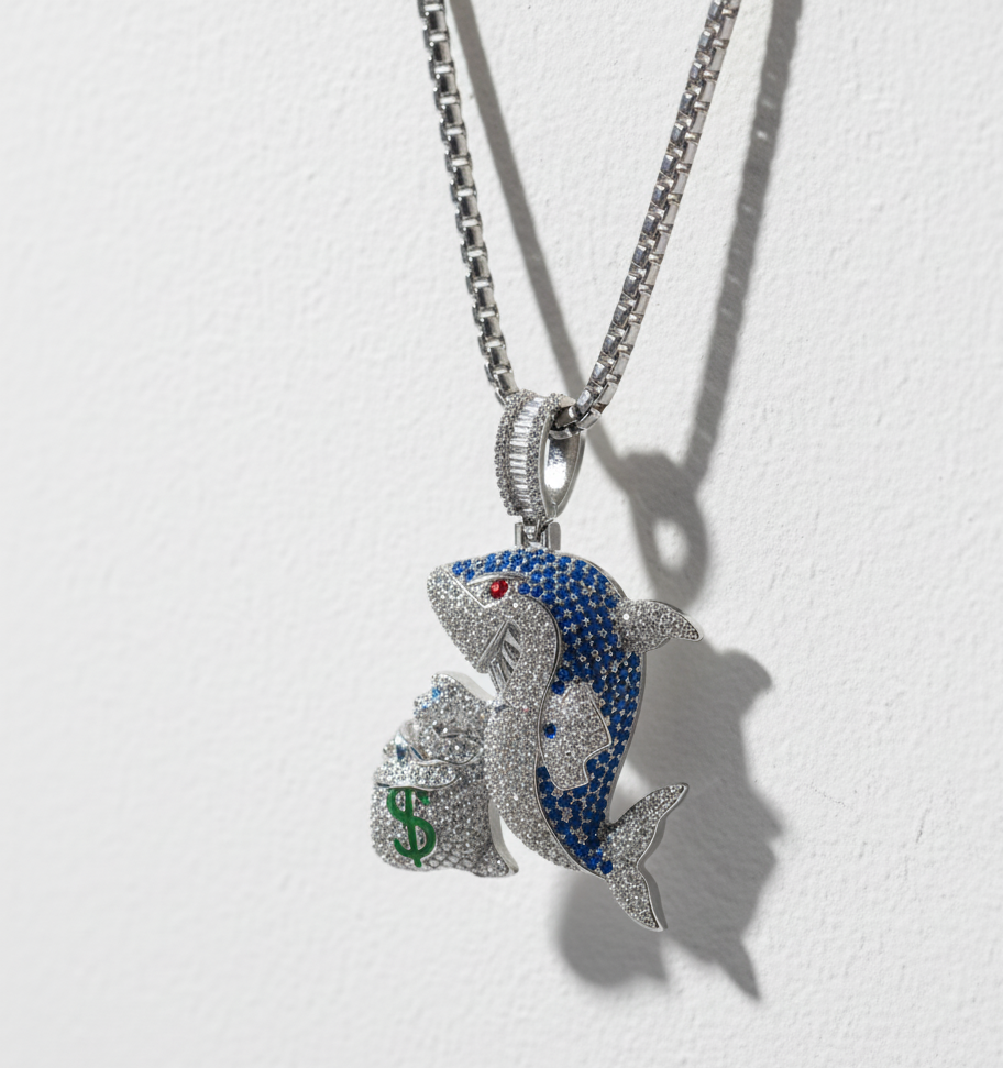 Rhodium Plated 925 Silver Money Bag Shark Pendant with Clear Blue CZ