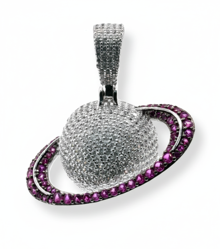 Rhodium Plated 925 Silver Saturn Pendant with Clear & Pink CZ