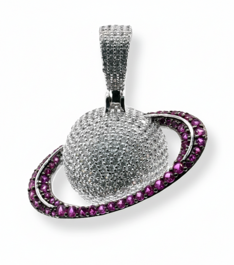 Rhodium Plated 925 Silver Saturn Pendant with Clear & Pink CZ