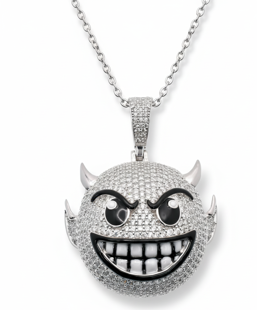 Rhodium Plated 925 Sterling Silver Devil Emoji Black Enamel Clear CZ 33.1mm x 29.8mm Pendant