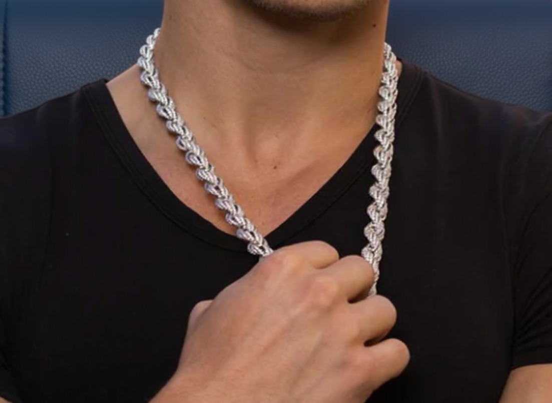 Rhodium Plated 925 Sterling Silver CZ Encrusted Rope Chains 9.7mm