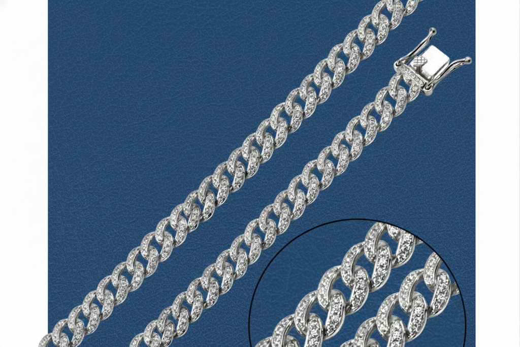 Rhodium Plated 925 Sterling Silver CZ Encrusted Curb Chain 8.9mm