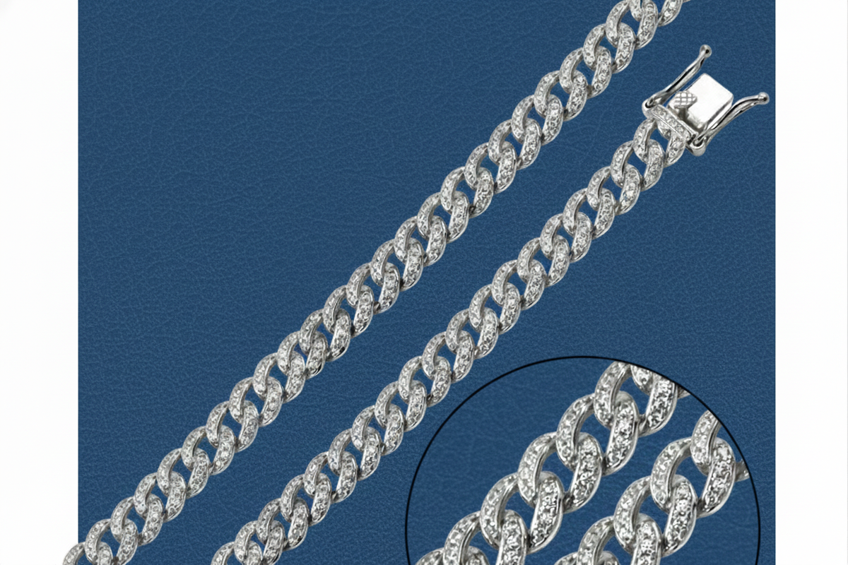 Rhodium Plated 925 Sterling Silver CZ Encrusted Curb Chain 8.9mm