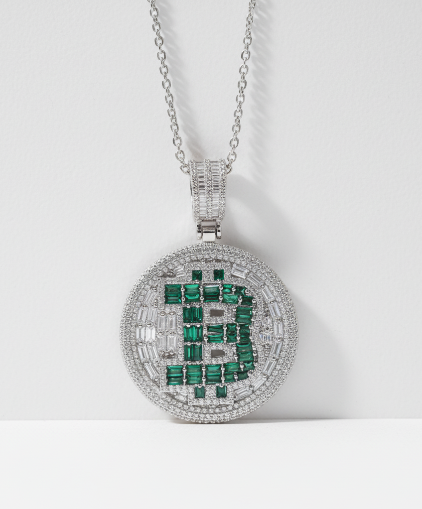 Rhodium Plated 925 Silver Bitcoin Pendant with Green & Clear CZ