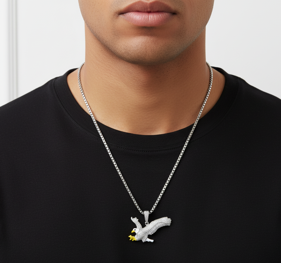 Rhodium Plated 925 Silver Eagle Pendant with White & Yellow Enamel CZ