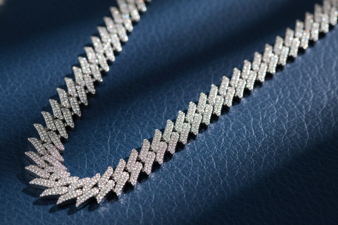 Rhodium Plated 925 Sterling Silver CZ Encrusted Spike Barbed Wire 13mm Chain