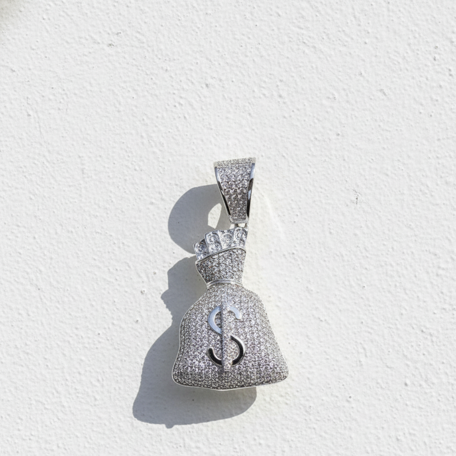 Rhodium Plated 925 Sterling Silver Money Bag Pendant – Iced Out Jewelry for Men