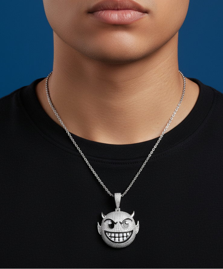 Rhodium Plated 925 Sterling Silver Devil Emoji Black Enamel Clear CZ 33.1mm x 29.8mm Pendant