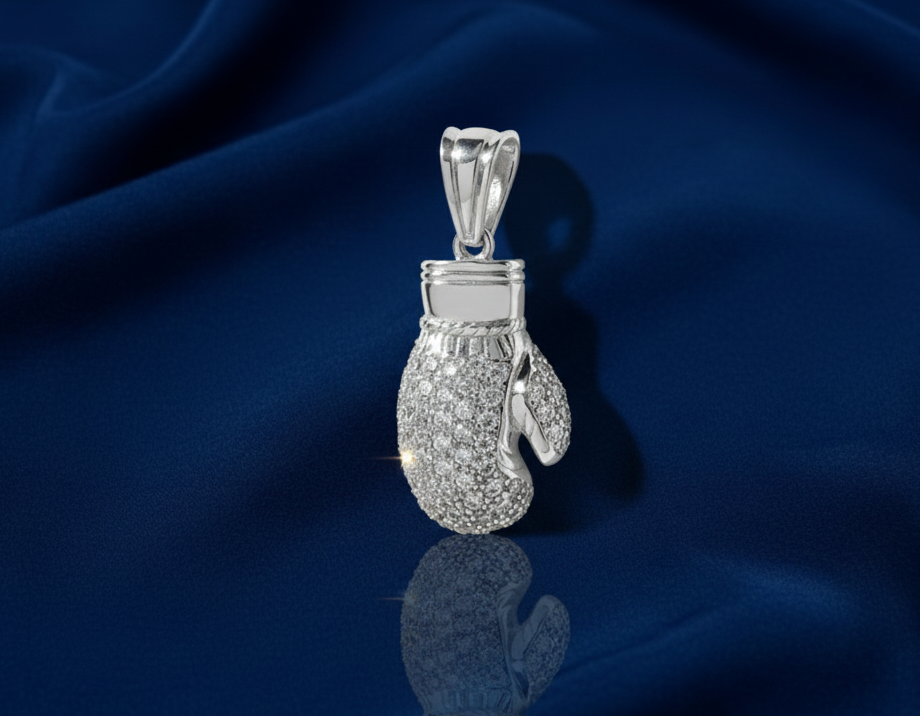 Rhodium Plated 925 Silver 3D Boxing Gloves Pendant with Clear CZ