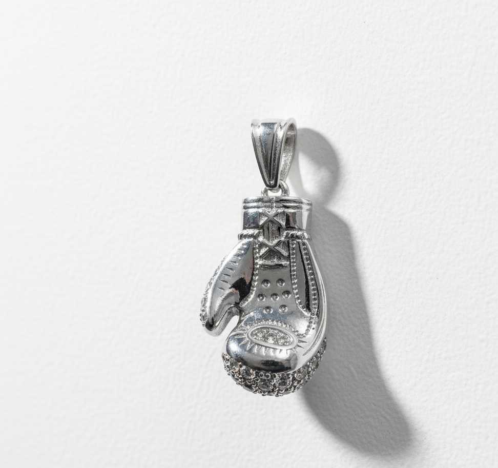 Rhodium Plated 925 Silver 3D Boxing Gloves Pendant with Clear CZ