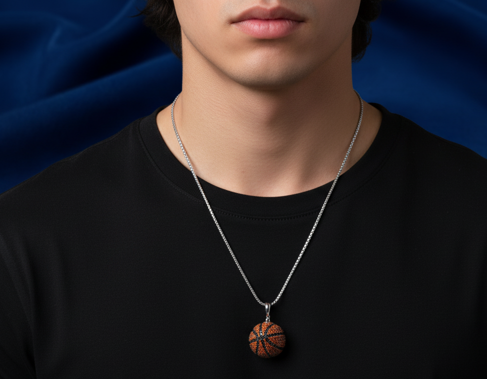 Rhodium Plated 925 Silver Basketball Pendant with Black & Orange CZ