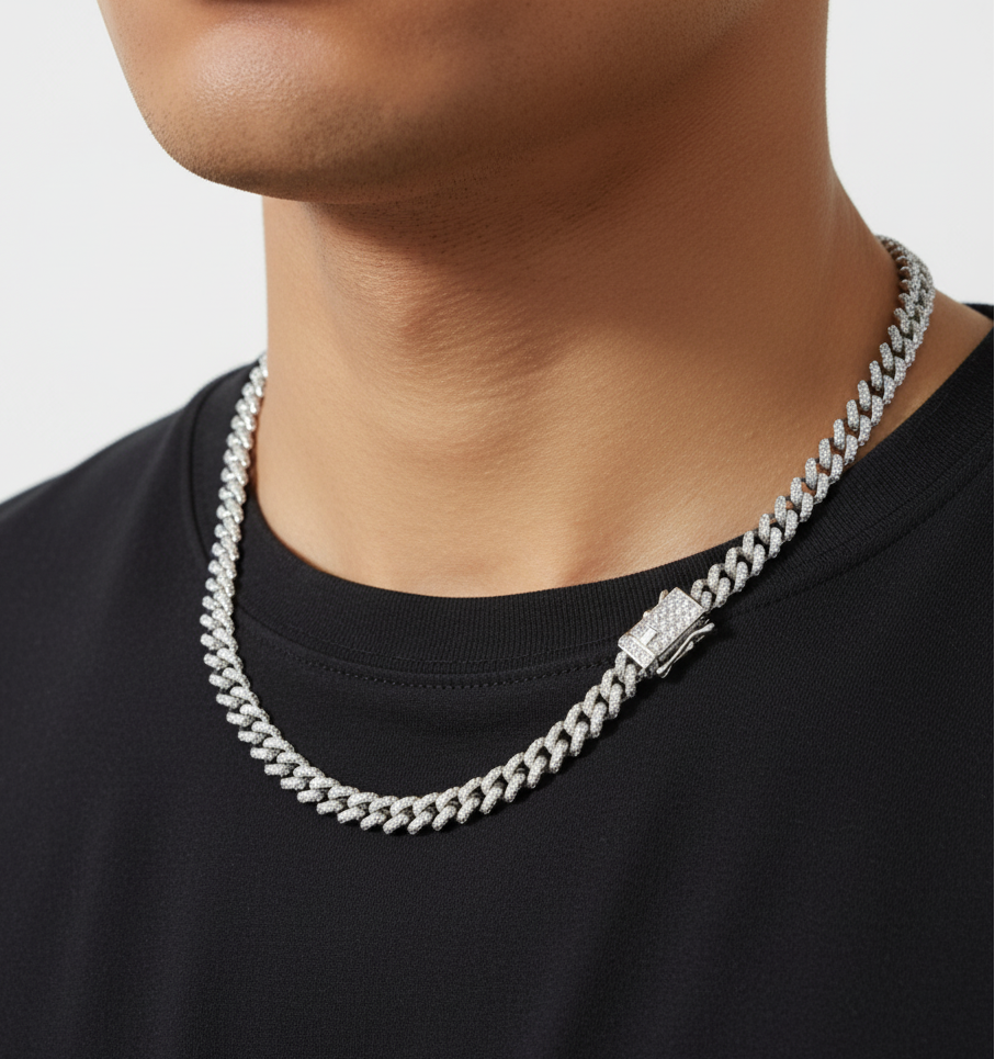 Rhodium Plated 925 Sterling Silver 5.5mm CZ Encrusted Monaco Chain