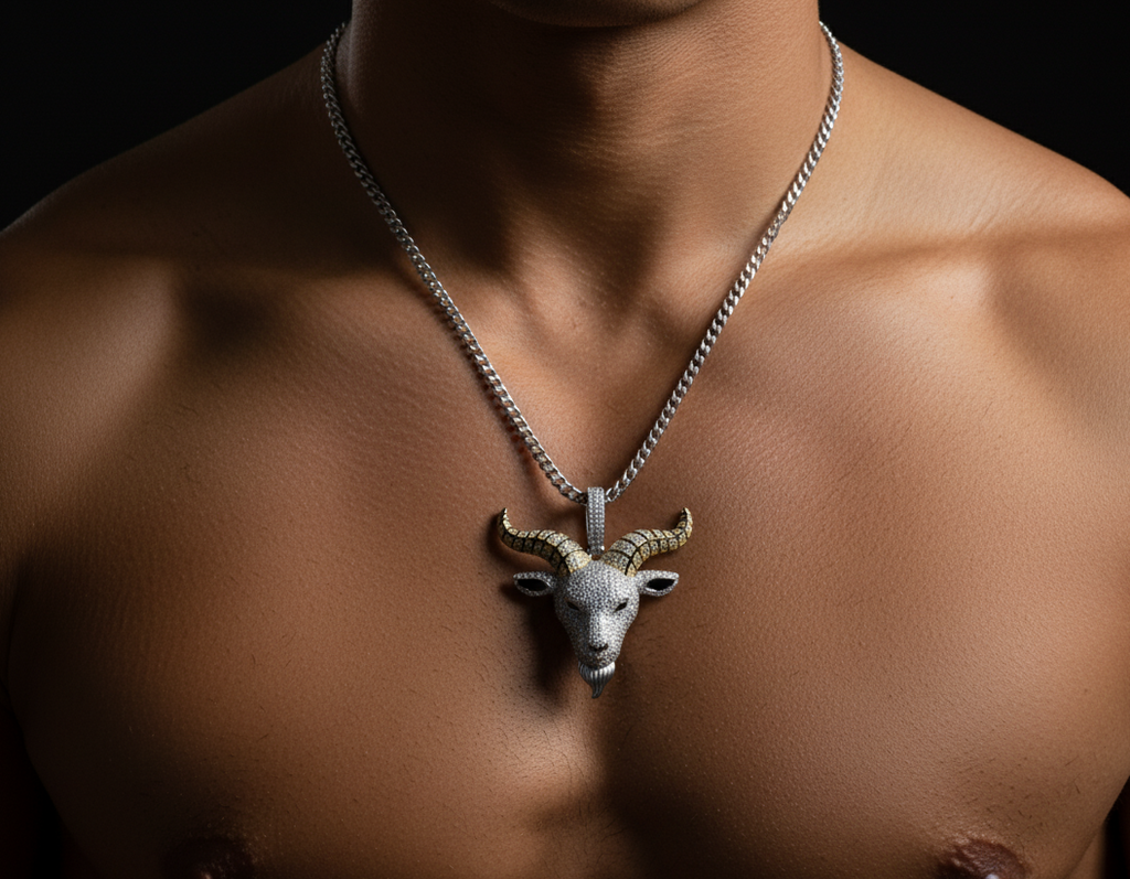 Rhodium Plated 925 Silver Goat Head Black Enamel CZ Pendant