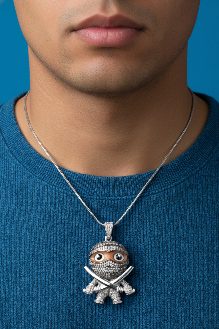 Double Sword Ninja Pendant Rhodium Plated 925 Silver CZ