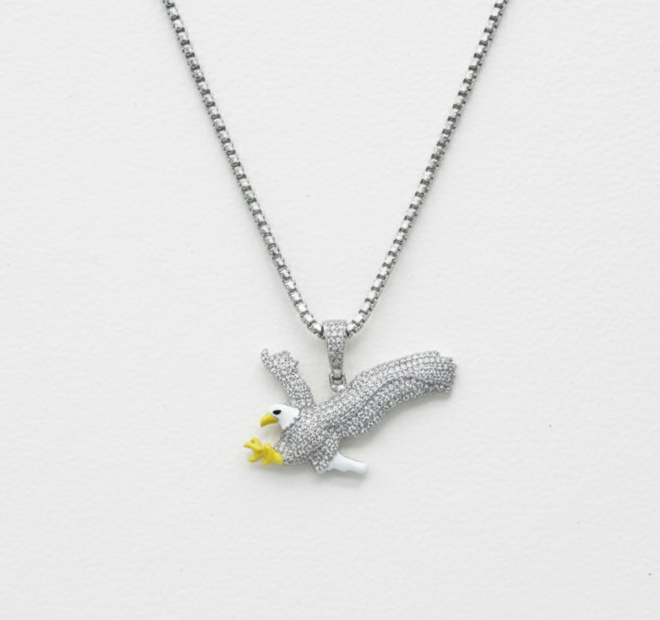 Rhodium Plated 925 Silver Eagle Pendant with White & Yellow Enamel CZ