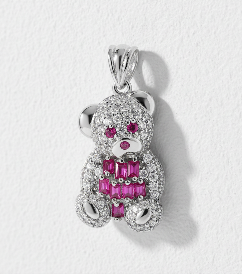 Rhodium Plated 925 Silver Teddy Bear Pendant with Red Baguette CZ