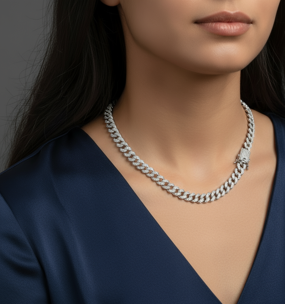 9.5mm Rhodium Plated 925 Silver Miami Curb CZ Chain