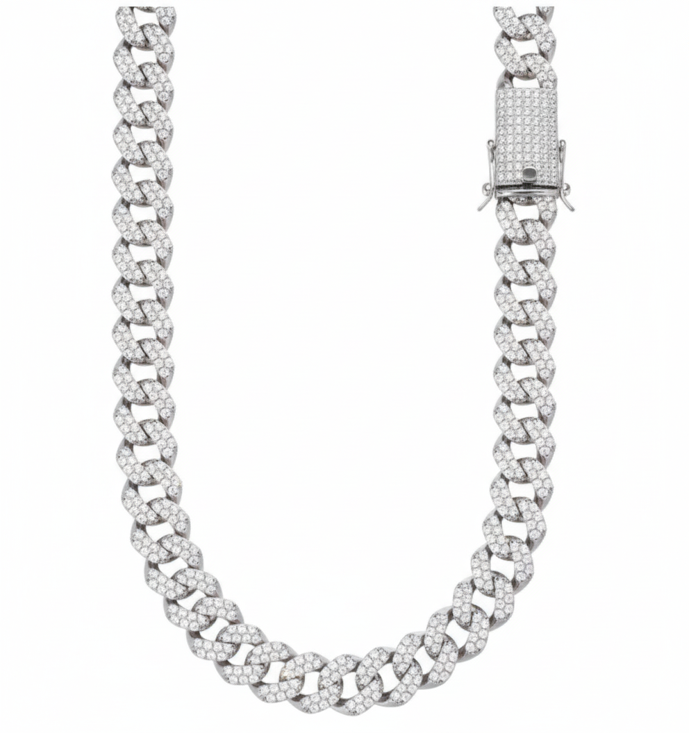 9.5mm Rhodium Plated 925 Silver Miami Curb CZ Chain