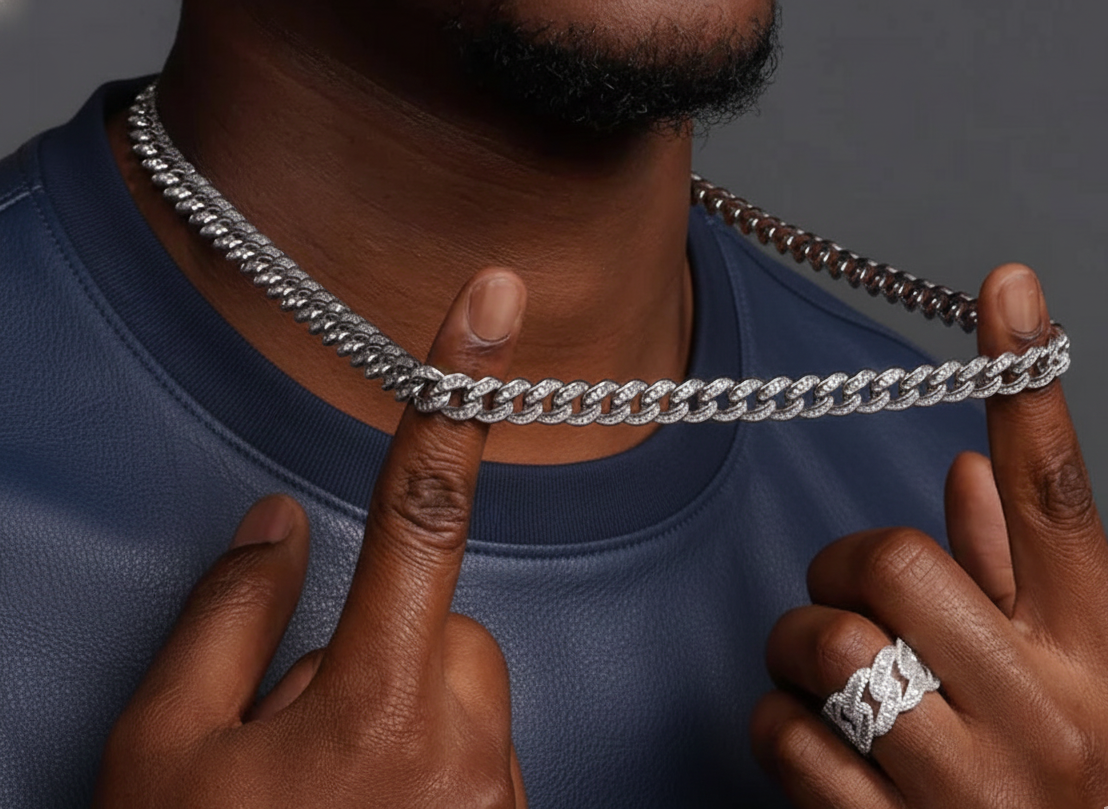 Rhodium Plated 925 Silver Baguette CZ Curb Chain 10.9mm