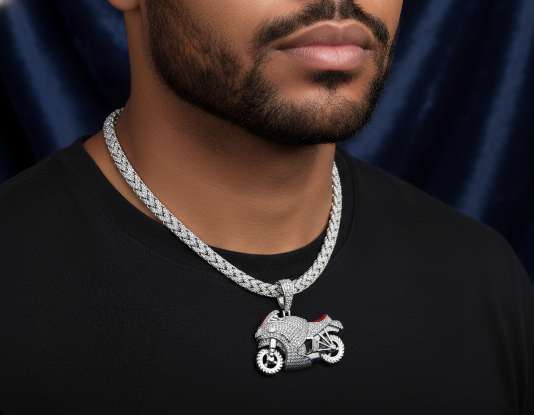 Rhodium Plated 925 Silver Motorcycle Red Enamel CZ Pendant