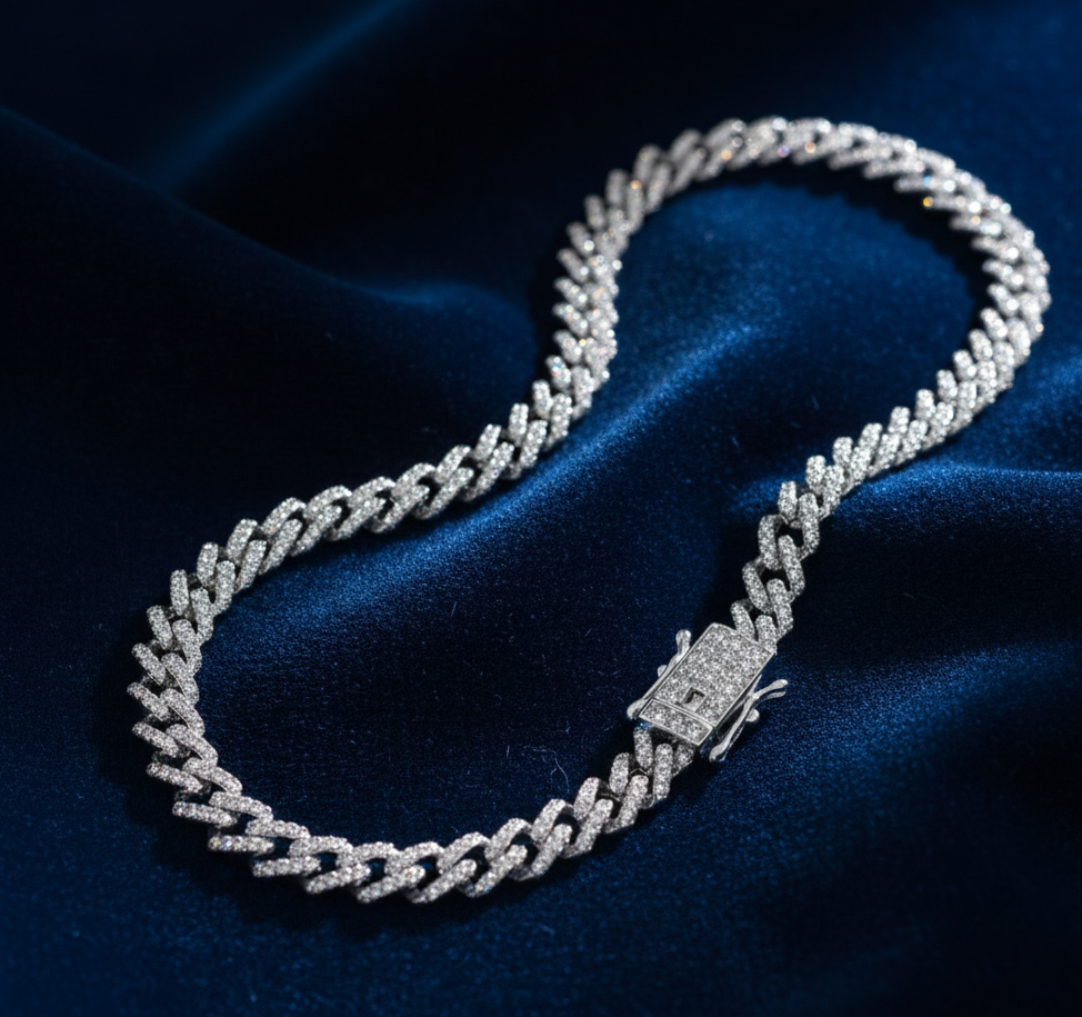 Rhodium Plated 925 Sterling Silver 5.5mm CZ Encrusted Monaco Chain