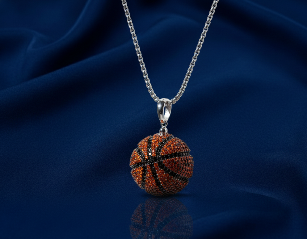 Rhodium Plated 925 Silver Basketball Pendant with Black & Orange CZ