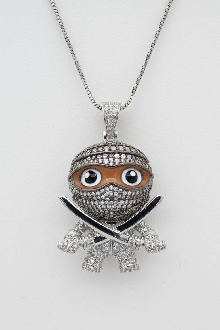 Double Sword Ninja Pendant Rhodium Plated 925 Silver CZ