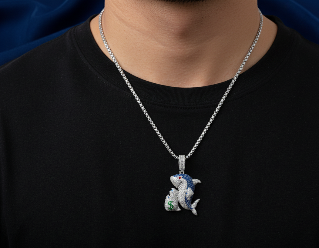 Rhodium Plated 925 Silver Money Bag Shark Pendant with Clear Blue CZ