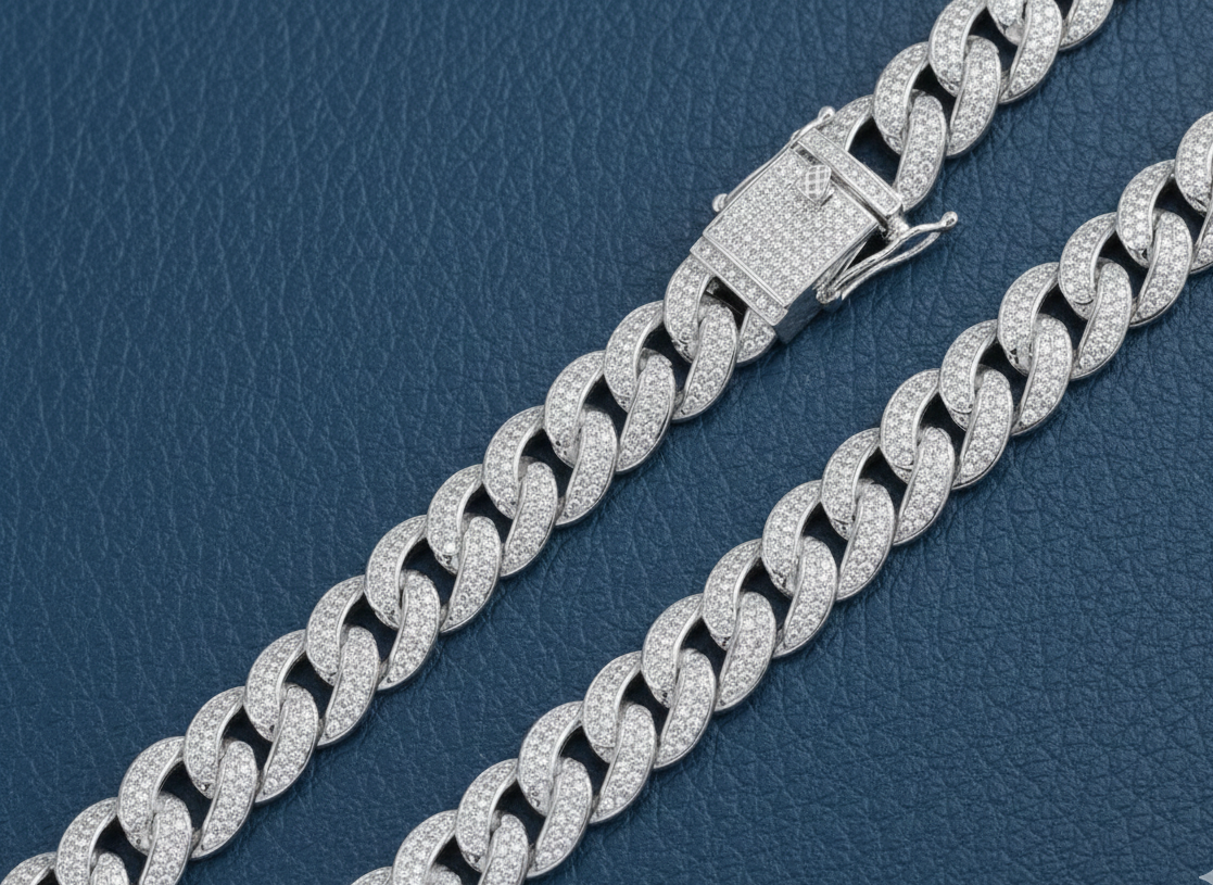 Rhodium Plated 925 Sterling Silver CZ Encrusted Curb Chain 11.7mm