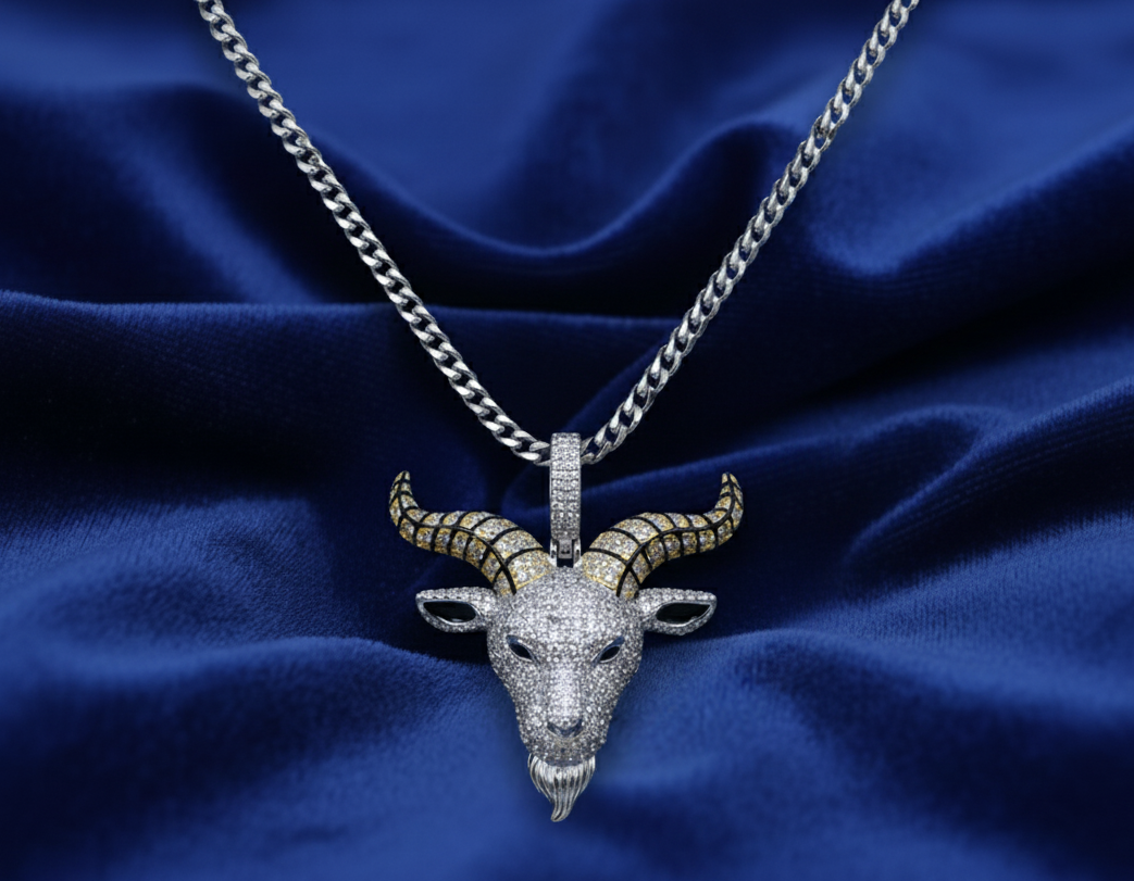 Rhodium Plated 925 Silver Goat Head Black Enamel CZ Pendant