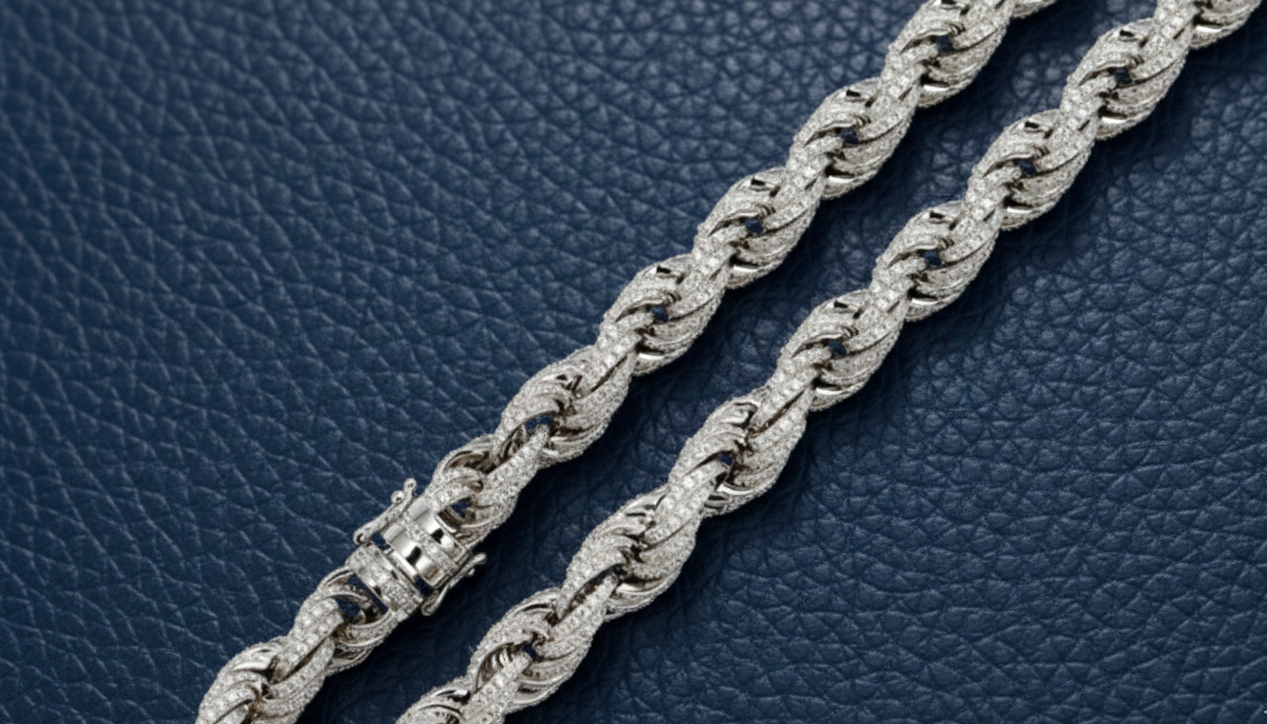 Rhodium Plated 925 Sterling Silver CZ Encrusted Rope Chains 9.7mm