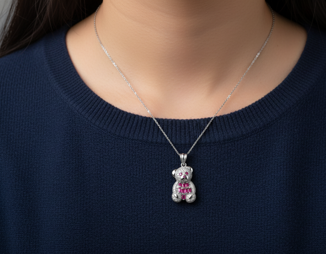 Rhodium Plated 925 Silver Teddy Bear Pendant with Red Baguette CZ