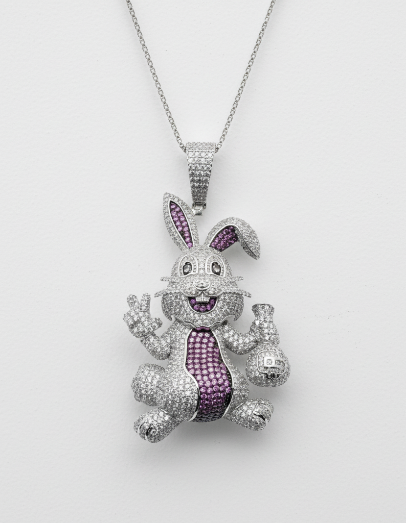 Rhodium Plated 925 Silver Rabbit Money Bag Pendant CZ