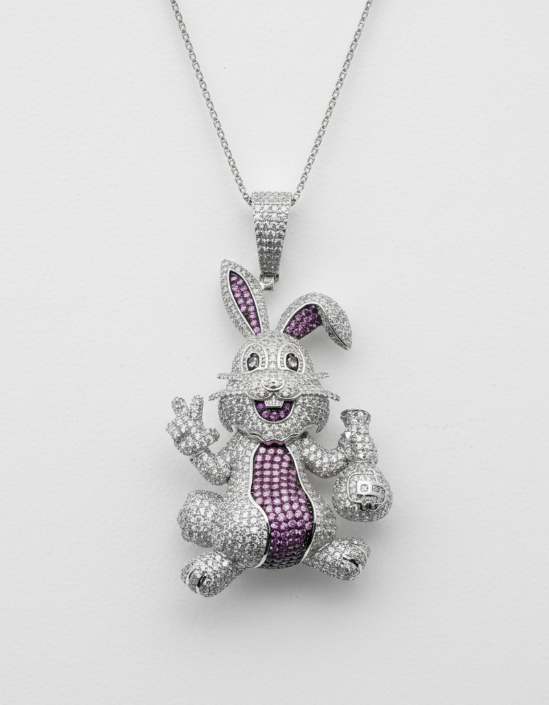 Rhodium Plated 925 Silver Rabbit Money Bag Pendant CZ