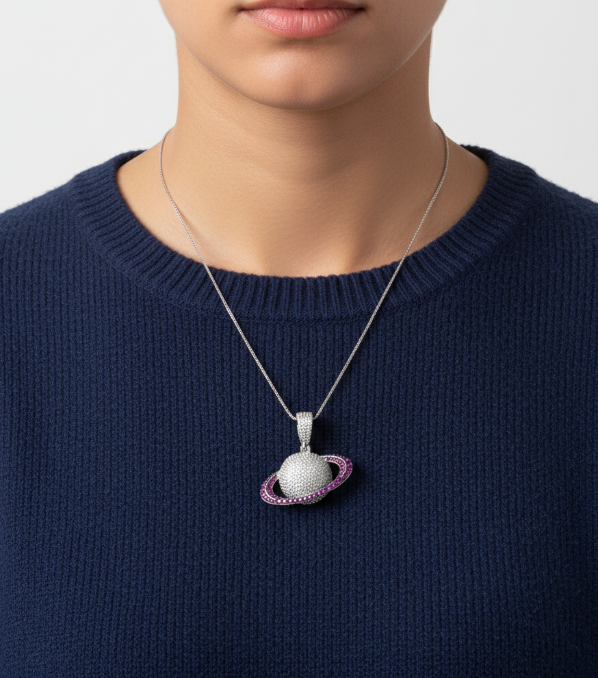 Rhodium Plated 925 Silver Saturn Pendant with Clear & Pink CZ