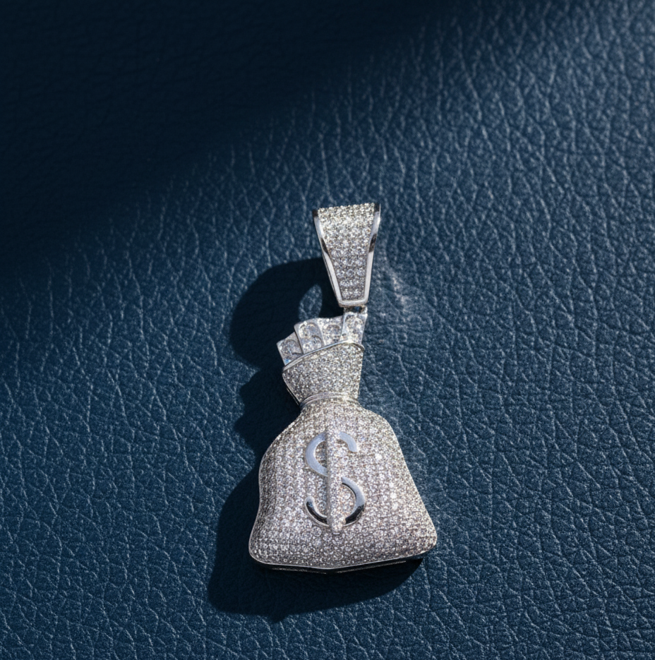 Rhodium Plated 925 Sterling Silver Money Bag Pendant – Iced Out Jewelry for Men