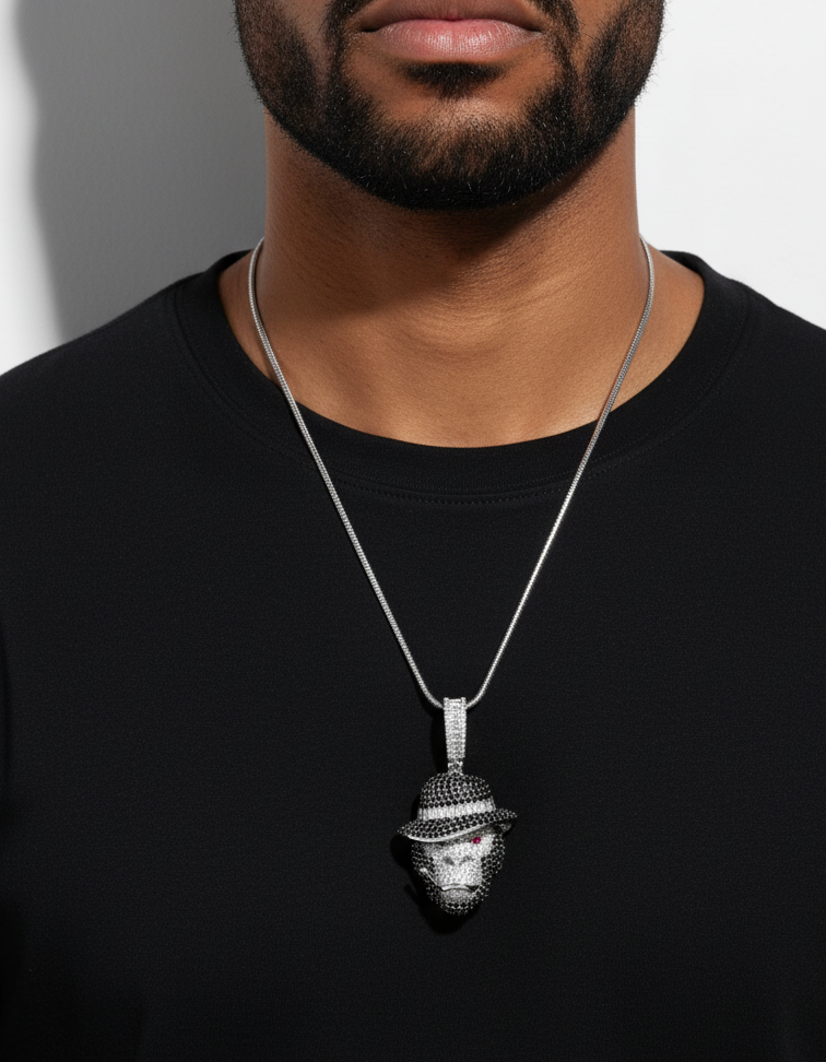 Rhodium Plated 925 Silver Smoking Ape Pendant with Red, Black &amp; Clear CZ