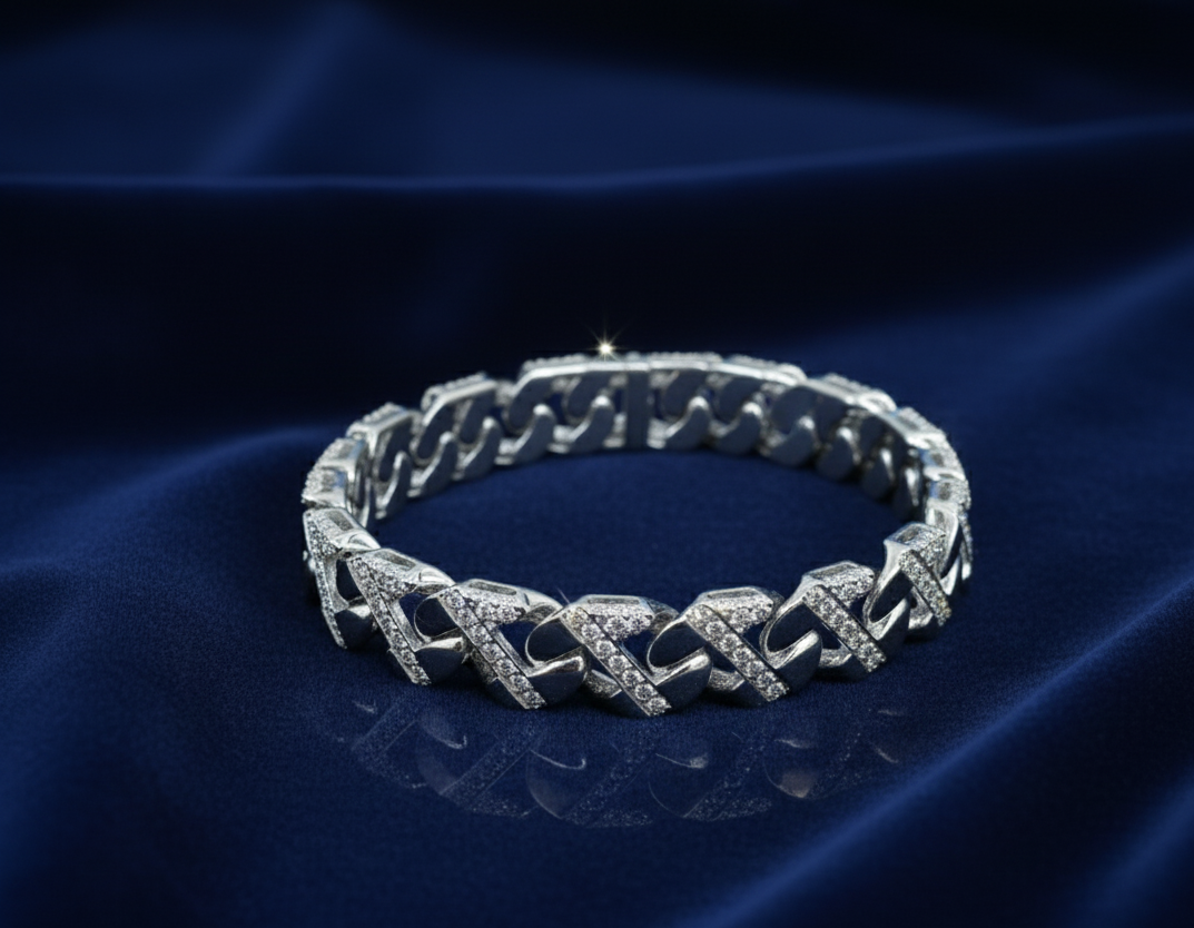 Rhodium Plated 925 Silver Cuban Link CZ Bracelet 12mm